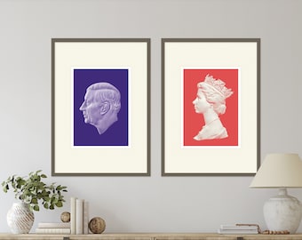 Royal Stamps | King Charles Print, Queen Elizabeth Print, England Print, Queen Print, King Print, Wall Art, Art Prints, Living Room Prints