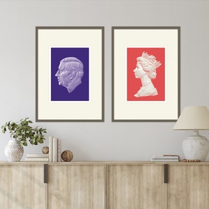 Königliche Briefmarken | King Charles Print, Queen Elizabeth Print, England Print, Queen Print, King Print, Wandkunst, Kunstdrucke, Wohnzimmer Prints
