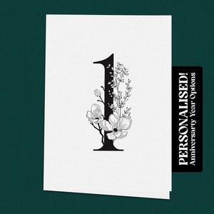 Biglietto d'auguri per il 1° anniversario, primo anniversario di matrimonio, elegante design floreale, romantico traguardo del primo anno, celebrazione del fidanzamento