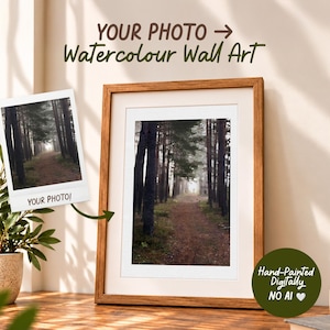 May include: A framed wall art print featuring a forest path scene, displayed next to a polaroid-style photo labeled YOUR PHOTO!. The text reads YOUR PHOTO -> Watercolour Wall Art and Hand-Painted Digitally NO AI. The frame is light brown wood.