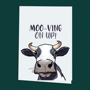 Lustige neue Jobkarte, Kuh-Wortspiel-Glückwunschkarte, Moo-ving On Up, Verabschiedung der Arbeit Auf Wiedersehenskarte