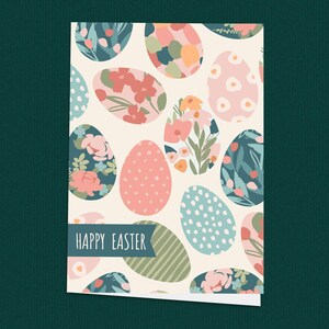 Tarjeta de Pascua con flores, hermoso diseño de huevo de Pascua, tarjeta de felicitación de primavera, tarjeta de Pascua botánica