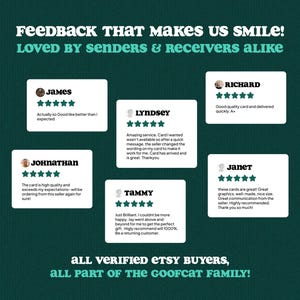 May include: A dark green graphic featuring the text FEEDBACK THAT MAKES US SMILE! LOVED BY SENDERS & RECEIVERS ALIKE. It displays five white rectangular customer review cards with five-star ratings, names, and comments from verified Etsy buyers.