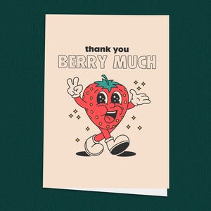¡Muchísimas gracias, Berry! Tarjeta de agradecimiento con fresas de dibujos animados, tarjeta de felicitación moderna, divertidas tarjetas de felicitación con frutas de dibujos animados, tarjetas de agradecimiento.