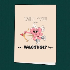 Will You Be My Valentine-kaart, retro liefdeshart cupido ontwerp, schattige Valentijnsdagkaart voor hem of haar