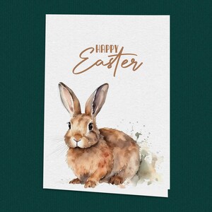 Elegante tarjeta de Pascua con conejo en acuarela, tarjeta de Pascua inspirada en la naturaleza, tarjeta de felicitación rústica con conejo