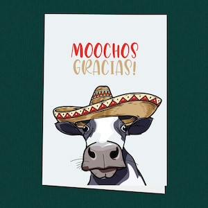 Moochos Gracias! Grappige cartoon koe bedankkaart, moderne wenskaart, Muchos Gracias, kaarten om te bedanken, leuke bedankkaart
