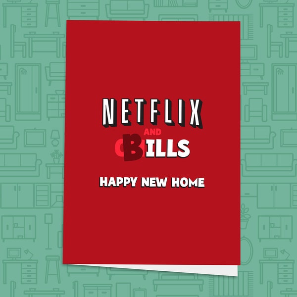 Netflix en rekeningen! Grappige nieuwe thuiskaart, gefeliciteerd met je nieuwe huis, fijne verhuisdag, gepersonaliseerde kaart, Netflix en Chill Card