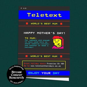Tarjeta del Día de la Madre con teletexto, nostalgia de los años 90, 80, 70, Ceefax, tarjeta de felicitación retro, la mejor mamá del mundo, tarjeta para ella, tarjeta para mamá