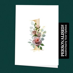 Biglietto d'auguri per il 1° anniversario, primo anniversario di matrimonio, elegante design floreale, romantico traguardo del primo anno, celebrazione del fidanzamento