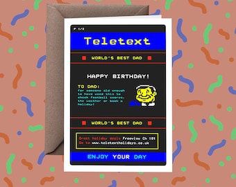 Könnte beinhalten: Eine Grußkarte mit einem Retro-Teletext-Bildschirmdesign mit schwarzem Hintergrund, blauen Kopfzeilen und gelbem, verpixeltem Text. Die Karte zeigt den Text World's Best Dad, Happy Birthday und eine verpixelte Illustration einer lächelnden Person.
