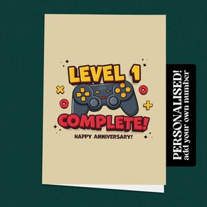 Scheda anniversario giocatore completo di livello 1 personalizzata, scheda di gioco, scheda anniversario personalizzata, scheda divertente per videogiochi