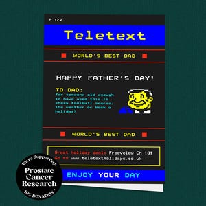 Teletekst Vaderdagkaart, jaren 90 nostalgie, jaren 80, 70, Ceefax, retro wenskaart, 's werelds beste vader, kaart voor hem, kaart voor papa