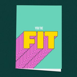 You're Fit vintage Valentijnsdagkaart, grappige romantische kaart voor alle gelegenheden, groenblauwe 3D-tekstkaart met gewaagd ontwerp