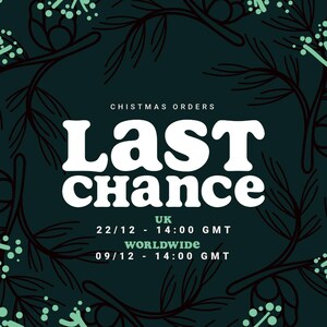 May include: A dark green background with a white stylized text overlay that reads "Last Chance" with a smaller text overlay that reads "Christmas Orders".  The text "UK" is followed by the date "22/12" and time "14:00 GMT". The text "Worldwide" is followed by the date "09/12" and time "14:00 GMT". The background is decorated with a repeating pattern of stylized pine branches and berries.