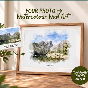 May include: A framed watercolor wall art print featuring a mountain lake landscape with the text "Colorado 2025" at the bottom. The image includes a small polaroid-style photo labeled "YOUR PHOTO!" and text reading "YOUR PHOTO -> Watercolour Wall Art".
