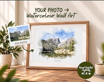 May include: A framed watercolour wall art print featuring a mountain lake landscape with the text "Colorado 2025" at the bottom. The image includes a small polaroid-style photo labelled "YOUR PHOTO!" and text reading "YOUR PHOTO -> Watercolour Wall Art".