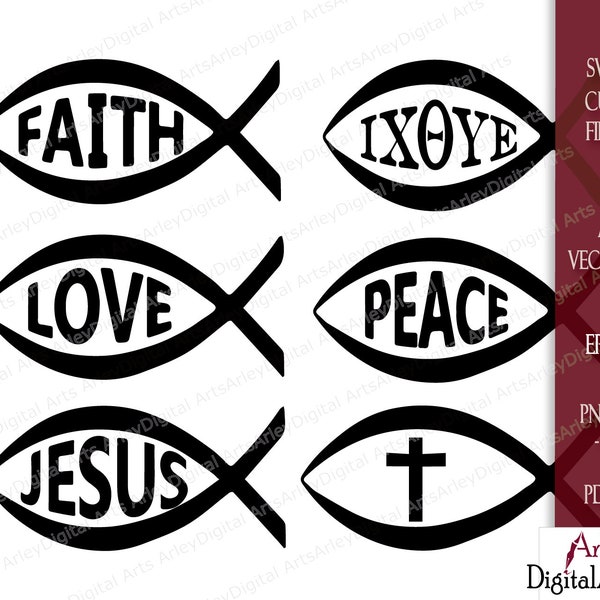 Jesus Fish SVG,  Digital Cut Files for Cricut, Silhouette Religious PNG, Christian Fish Symbol, instant download files, ichtus