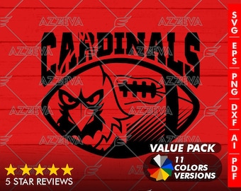 Può includere: Un design grafico in bianco e nero di un pallone da calcio con un mascotte di uccello all'interno. Il testo "CARDINALS" è sopra il pallone da calcio. Il testo "VALUE PACK" è sotto il pallone da calcio. Il testo "11 COLORS VERSIONS" è sotto il testo "VALUE PACK".
