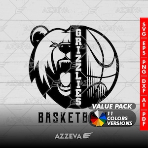 May include: Black and white basketball graphic with a bear's head and the word "Grizzlies" in a vertical design. The graphic includes the text "Value Pack" and "11 Colors Versions".