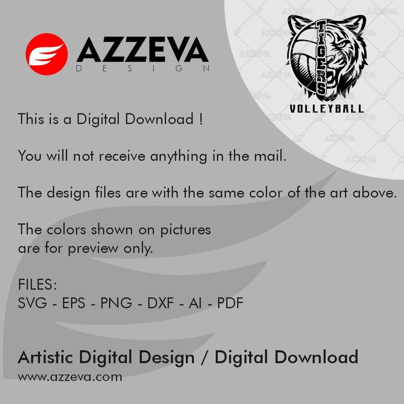 May include: Black and white digital design of a tiger's head with a volleyball inside the mouth. The text "TIGERS" is inside the volleyball and the text "VOLLEYBALL" is below the image. The design is for a digital download.