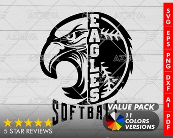 Puede incluir: Diseño gráfico en blanco y negro con la cabeza de un águila y una pelota de softbol, con las palabras "EAGLES" y "SOFTBALL". Incluye el texto "VALUE PACK" y "11 COLORS VERSIONS". Sobre fondo de vetas de madera blanca.