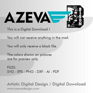 K&ouml;nnte beinhalten: Ein schwarzwei&szlig;es digitales Design eines Bisonkopfes mit dem Wort "BISON", das vertikal an der Seite geschrieben ist. Das Design ist von einem schwarzen Rahmen umgeben und der Text "AZEVA" ist in Fettdruck oben im Bild geschrieben. Der Text "Dies ist ein digitaler Download!" ist unter dem Design geschrieben. Der Text "Sie erhalten nichts per Post. Sie erhalten nur eine schwarze Datei. Die Farben, die auf den Bildern angezeigt werden, dienen nur zur Vorschau." ist unter dem ersten Text geschrieben. Der Text "DATEIEN: SVG - EPS - PNG - DXF - AI - PDF" ist unter dem zweiten Text geschrieben. Der Text "K&uuml;nstlerisches digitales Design / Digitaler Download www.azevadesign.com" ist unten im Bild geschrieben.