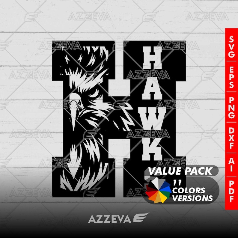 May include: Black and white graphic design of a hawk with the word "HAWK" spelled out vertically. The design is in a bold, blocky font. The graphic is labeled "VALUE PACK" and "11 COLORS VERSIONS".