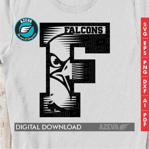 May include: Black and white digital download design of a stylized letter F with a falcon head inside the letter. The word "FALCONS" is above the letter and the word "DEMO" is repeated several times around the letter.