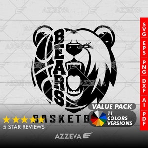May include: Black and white graphic design of a bear's head with the word "BEARS" inside a basketball. The text "BASKETBALL" is below the image. The text "VALUE PACK" and "11 COLORS VERSIONS" are in the bottom right corner.