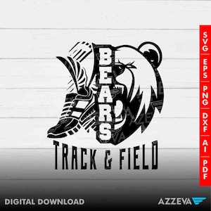 May include: Black and white graphic design of a bear with the word "BEARS" vertically down the side of the bear's face.  A running shoe is on the left side of the design with the words "TRACK & FIELD" below the design.
