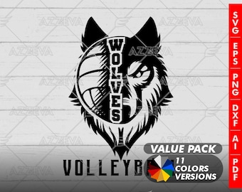 May include: Black and white graphic design of a wolf's head with a volleyball in the background. The text "WOLVES" is written vertically on the volleyball. The text "VOLLEYBALL" is written below the wolf's head. The text "VALUE PACK" is written above the wolf's head. The text "11 COLORS VERSIONS" is written below the wolf's head.