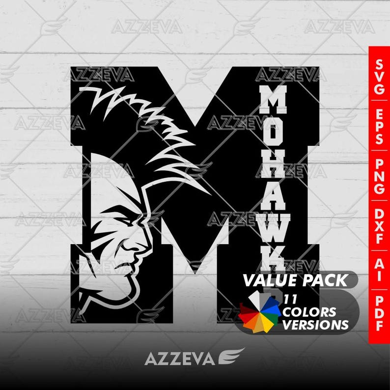 May include: Black and white graphic design of a stylized Native American warrior's head with a mohawk hairstyle inside a large letter M. The text "MOHAWK" is vertically stacked to the right of the letter M. The text "VALUE PACK 11 COLORS VERSIONS" is below the graphic.