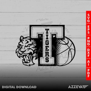 Tigers Basketball com T Letter Design png, eps, ai, dxf, png, pdf, jpg e svg arquivos para cricut,svg para camisas,sublimação png,mom svg