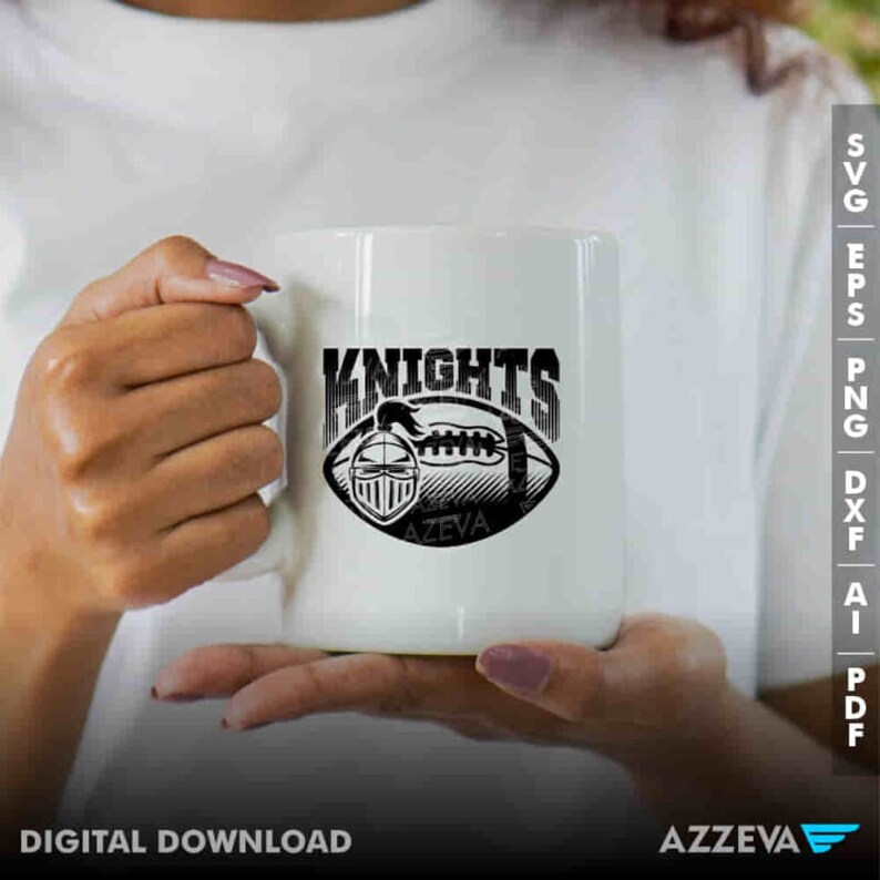 May include: A white ceramic mug with a black graphic design of a football helmet with a knight's helmet inside. The text "Knights" is above the football and the text "AZZEVA" is below the football.