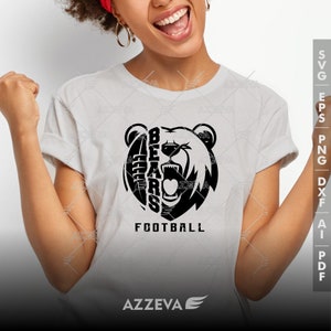 May include: A white t-shirt with a black bear head graphic. The bear's head is split in half, with the word "BEARS" on one side and a football on the other. The text "FOOTBALL" is below the graphic.
