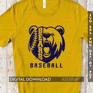 Pode incluir: Uma camiseta amarela com um gr&aacute;fico de urso azul. O urso &eacute; formado pela palavra "Bears" e uma bola de beisebol. O texto "BASEBALL" est&aacute; abaixo do urso. Os textos "DIGITAL DOWNLOAD" e "AZEVA" est&atilde;o na parte inferior da camiseta.