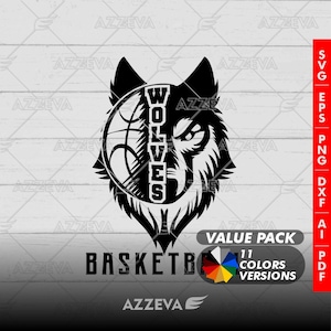 Paquete de colores con diseño genérico de baloncesto de lobo: 11 colores en SVG, PNG y otros formatos: manualidades, Cricut, sublimación, mascota deportiva