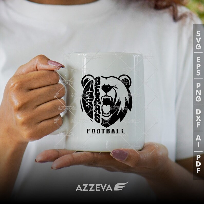 May include: White ceramic mug with a black bear graphic. The bear's head is made up of the word "Bears" and the text "Football" is below the bear.