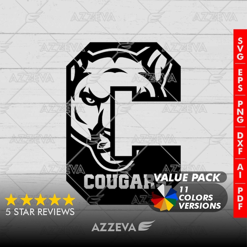 May include: Black and white graphic design of a cougar's head inside the letter C. The text "COUGAR" is below the letter. The text "VALUE PACK" is to the right of the letter. The text "11 COLORS VERSIONS" is below the text "VALUE PACK".