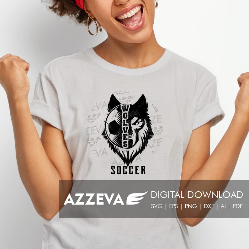 May include: A white t-shirt with a black and white graphic design of a wolf's head with a soccer ball inside. The text "WOLVES" is written vertically down the wolf's face and the text "SOCCER" is written below the graphic. The text "AZZEVA DIGITAL DOWNLOAD" is written in black at the bottom of the image.