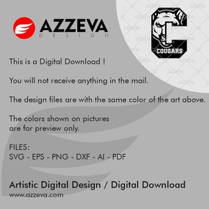May include: A digital download graphic design featuring a black and white illustration of a cougar with the word "Cougar" and the text "AZZEVA DESIGN" in red and black.