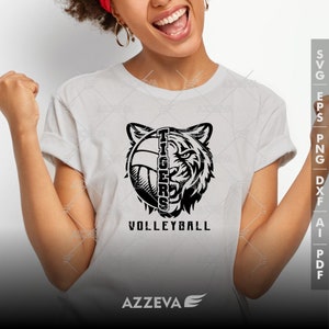 May include: Black and white graphic design of a tiger head with a volleyball inside the head. The text "TIGERS" is vertical on the volleyball and the text "VOLLEYBALL" is below the image.