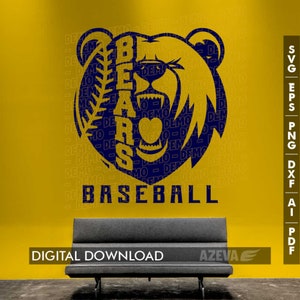 Pode incluir: Uma silhueta de urso azul com a palavra "BEARS" dentro da cabe&ccedil;a do urso e uma bola de beisebol dentro do corpo do urso. O texto "BASEBALL" est&aacute; abaixo do urso.