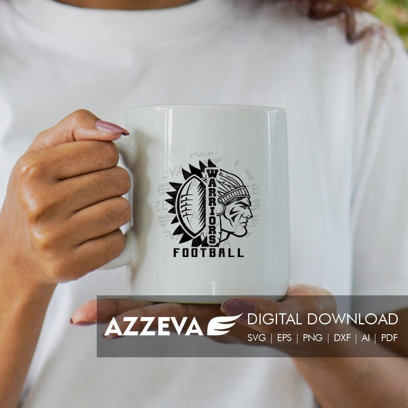 May include: White ceramic mug with a black and white graphic of an American Indian warrior wearing a headdress and holding a football. The text "WARRIORS FOOTBALL" is below the graphic.
