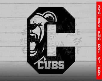 Puede incluir: Diseño gráfico en blanco y negro de la cabeza de un oso dentro de una C negra con la palabra "CUBS" debajo.