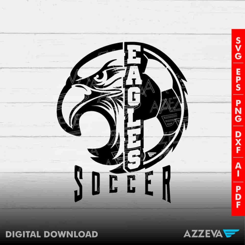 K&ouml;nnte beinhalten: Schwarzwei&szlig;es Grafikdesign eines Fu&szlig;balls und eines Adlerkopfes mit dem Wort "EAGLES" vertikal in der Mitte und dem Wort "SOCCER" darunter.
