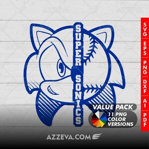 May include: A blue graphic featuring a split design of a hedgehog and a baseball. The text "SUPER SONICS" is vertically centered. The image includes a "VALUE PACK" with 11 colour versions and the website address AZZEVA.COM.
