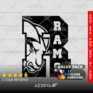 Può includere: Grafica in bianco e nero di una testa di rinoceronte con la parola "RAMS" in un grande font. Il design include 11 varianti di colore ed è disponibile nei formati SVG, EPS, PNG, DXF, AI, PDF.