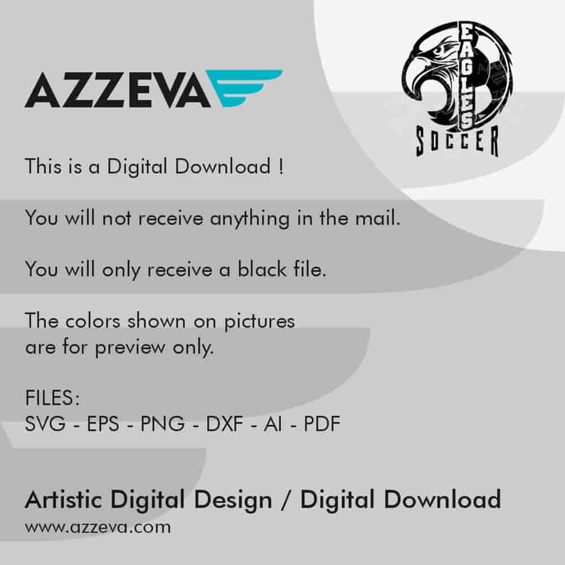 K&ouml;nnte beinhalten: Ein digitales Download-Design f&uuml;r ein Fu&szlig;ballteam mit dem Wort "EAGLES" und "SOCCER" in einer schwarzen und wei&szlig;en, abgenutzten Schriftart. Das Design ist in den Formaten SVG, EPS, PNG, DXF, AI und PDF verf&uuml;gbar.